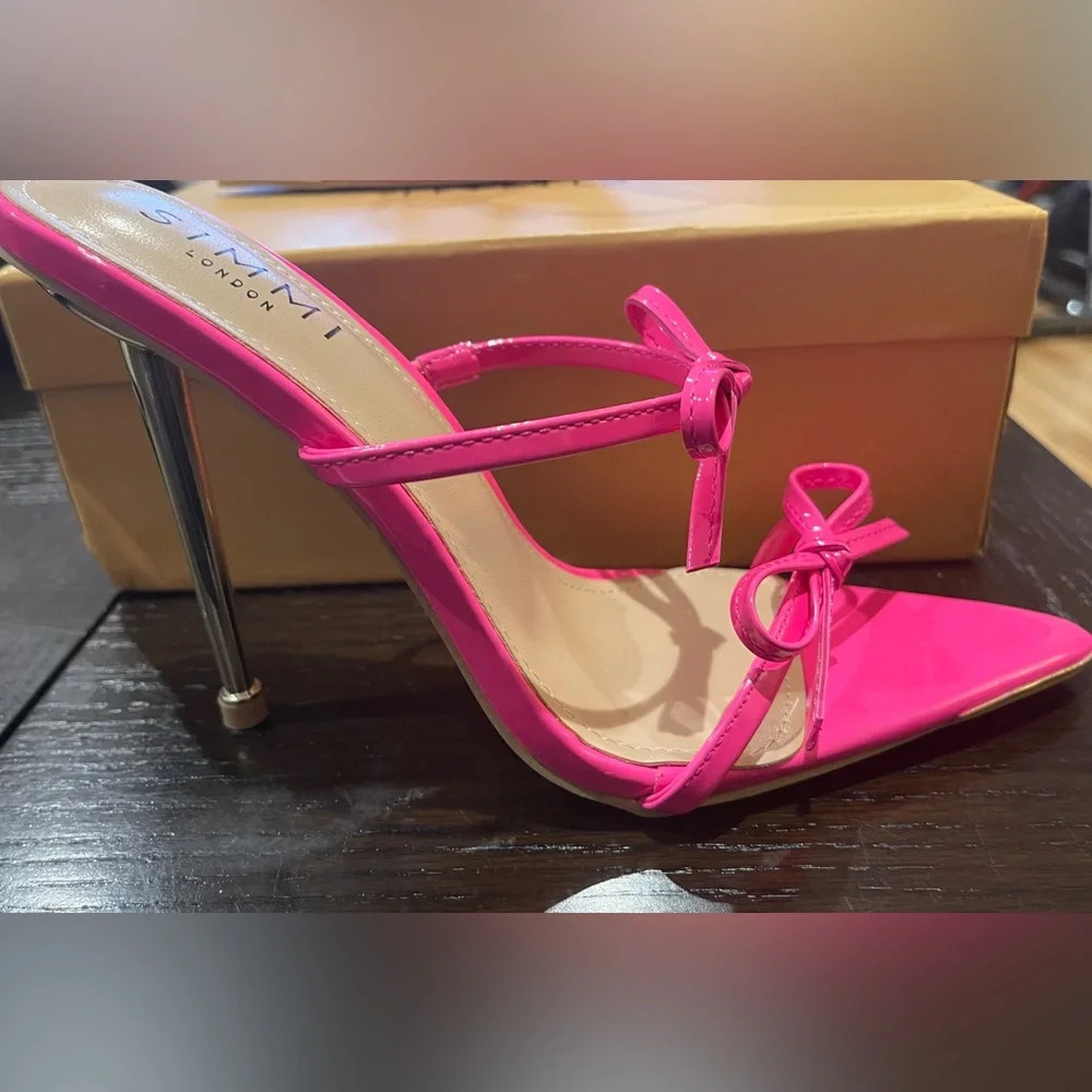 SIMMI High Heels Bowknot Neon Pink Patent Sandals Stiletto Mules Shoe Size 8. - Picture 6 of 8